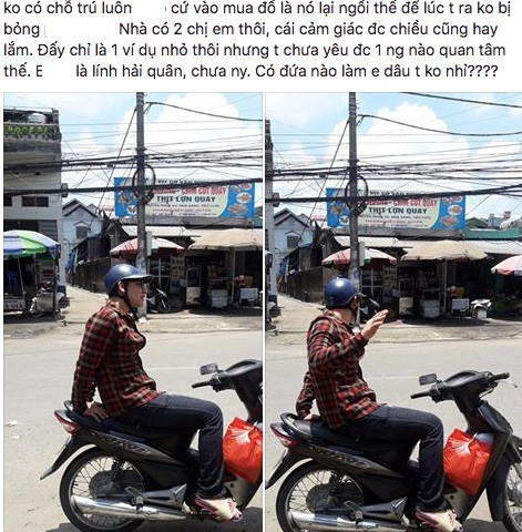 Cậu em trai tâm lý ngồi che cho yên xe máy đỡ nóng để chị gái ngồi. Ảnh chụp màn hình.