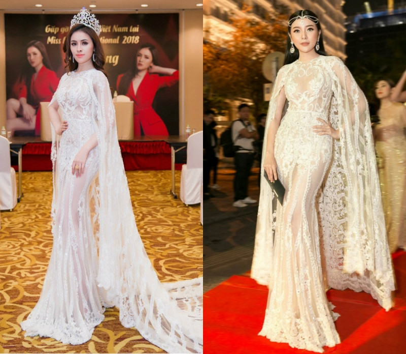 Trong sự kiện họp báo trước ngày lên đường sang Ai cập, chân dài tiếp tục đụng đến hai chiếc váy với hai đàn chị khác. Trong thiết kế của Đức Vincie cả Thư Dung và diễn viên Cao Thái Hà khoe sắc gợi cảm khó phân thắng bại.