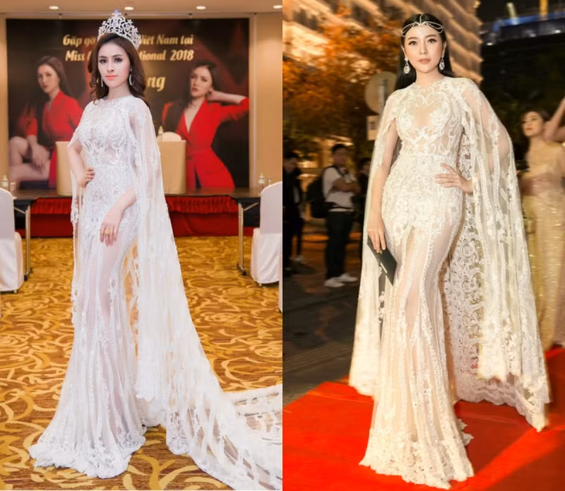 Trong sự kiện họp báo trước ngày lên đường sang Ai cập, chân dài tiếp tục đụng đến hai chiếc váy với hai đàn chị khác. Trong thiết kế của Đức Vincie cả Thư Dung và diễn viên Cao Thái Hà khoe sắc gợi cảm khó phân thắng bại.