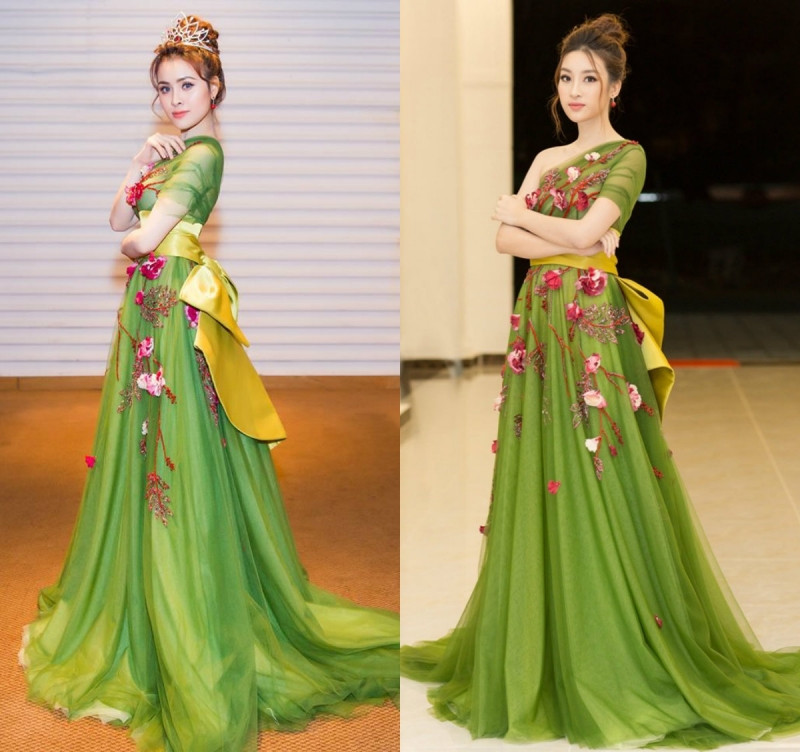 Không chừa bất kỳ người đẹp nào, cứ hễ diện váy nào là Thư Dung lại đụng chan chát váy đó. Trong chiếc đầm xanh lá mạ của Đỗ Long, người đẹp vô tình “lôi kéo” Đỗ Mỹ Linh vào “phi vụ” đụng hàng bất đắc dĩ.