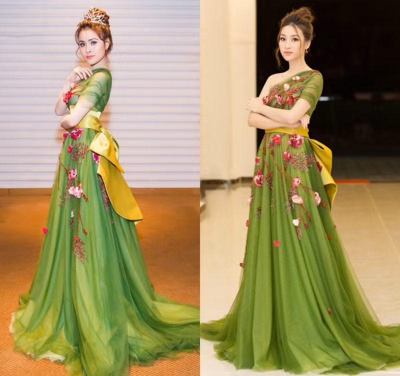 Không chừa bất kỳ người đẹp nào, cứ hễ diện váy nào là Thư Dung lại đụng chan chát váy đó. Trong chiếc đầm xanh lá mạ của Đỗ Long, người đẹp vô tình “lôi kéo” Đỗ Mỹ Linh vào “phi vụ” đụng hàng bất đắc dĩ.