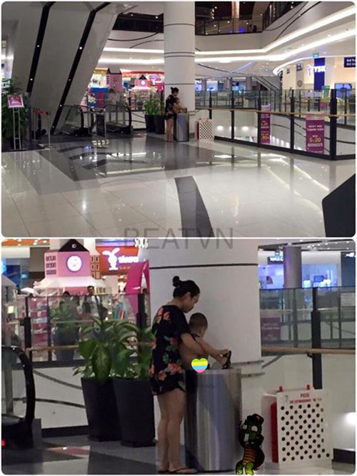 Bà mẹ trẻ thản nhiên cho con đi vệ sinh vào thùng rác công cộng tại trung tâm thương mại ở Long Biên.