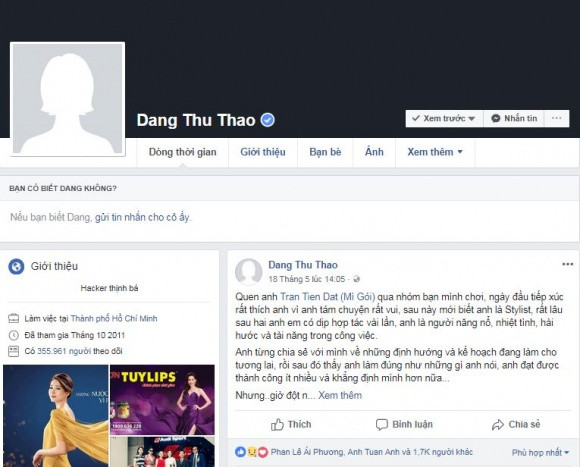 Facebook của Hoa hậu Đặng Thu Thảo đã bị hacker tấn công dù đã có dấu tích xanh.