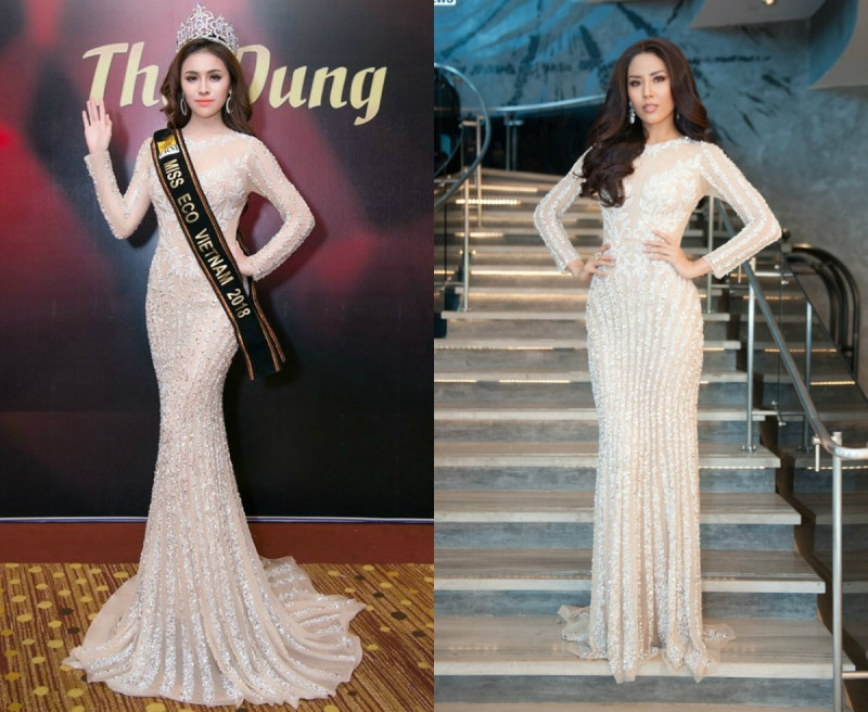 Một lần nữa chân dài nói tiếng Anh dở tệ lại đụng hàng chiếc đầm đuôi cá với á hậu Nguyễn Thị Loan.