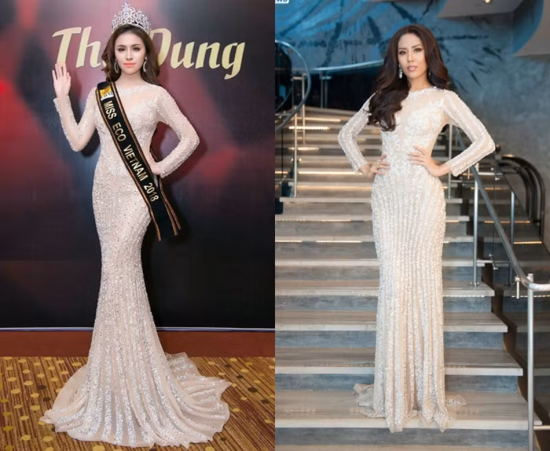 Một lần nữa chân dài nói tiếng Anh dở tệ lại đụng hàng chiếc đầm đuôi cá với á hậu Nguyễn Thị Loan.