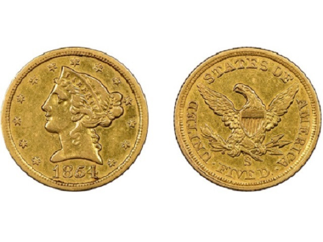 Đồng xu 5 USD đặc biệt do Cục đúc tiền kim loại Mỹ sản xuất trong thời kỷ đỉnh cao của Cơn sốt vàng California năm 1854.