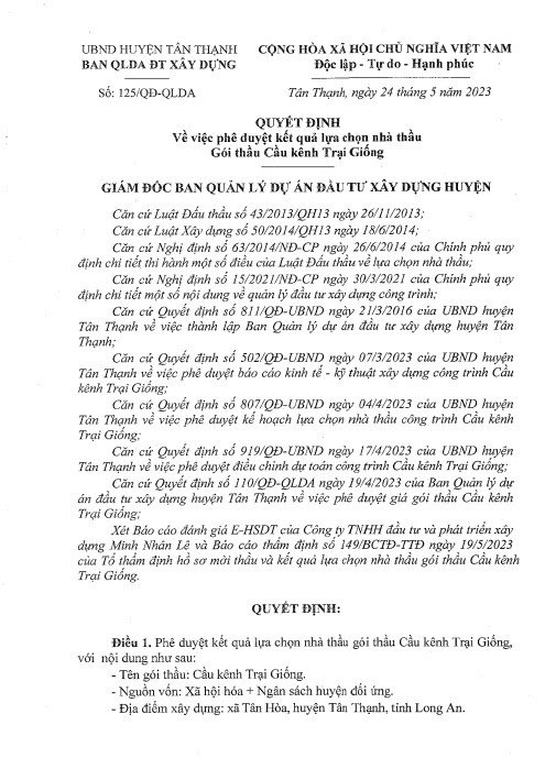 Long An: Cty Thanh Do Tan Ninh 1 ngay trung 3 goi thau