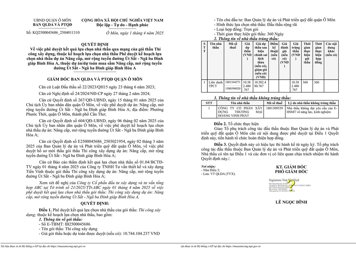 Cần Thơ: Nhà thầu nào trúng gói nâng cấp đường hơn 10 tỷ tại Ô Môn? Can Tho: Nha thau nao trung goi nang cap duong hon 10 ty tai O Mon?