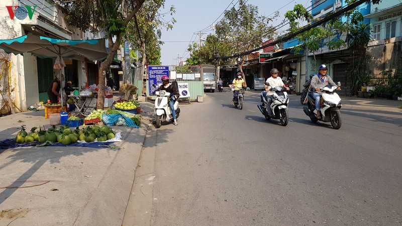 Không chỉ có thức ăn, và đồ uống, rau, củ, quả cũng được người dân bày ra vỉa hè để buôn bán (đường Phạm Thế Hiển, quận 8).