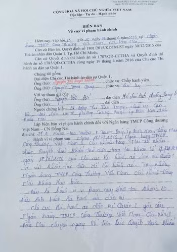 Theo Vietinbank cũng như Luật sư, việc Chi cục THADS quận 1 lập biên bản là không ổn về pháp lý.