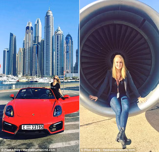 Nữ phi công xinh đẹp khoe dáng cùng siêu xe nổi bật ở Dubai (trái) và chụp ảnh với động cơ máy bay (phải).