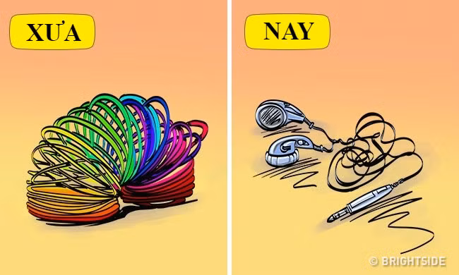 Họa sĩ Sergey Raskovalov cho rằng "nỗi ác mộng" của trẻ em ngày xưa là dây nịt bị rối, còn bây giờ không gì kinh khủng với những đứa trẻ hơn là không thể gỡ tai nghe.