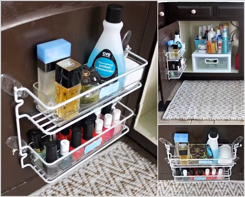 Các món đồ mỹ phẩm được cất gọn gàng sau cánh cửa.