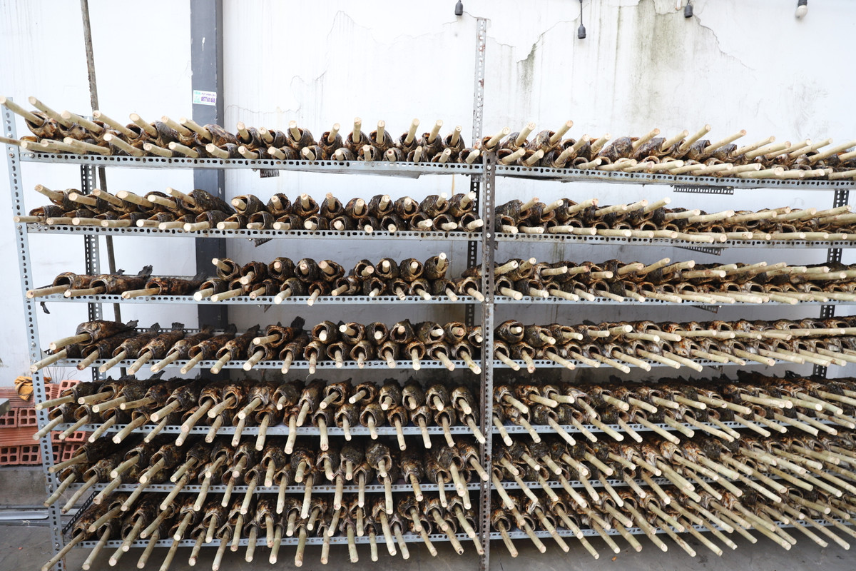 Hàng nghìn con cá lóc đã nướng được xếp gọn gàng trên kệ, sẵn sàng bán phục vụ người dân vào sáng mai, ngày vía Thần Tài.