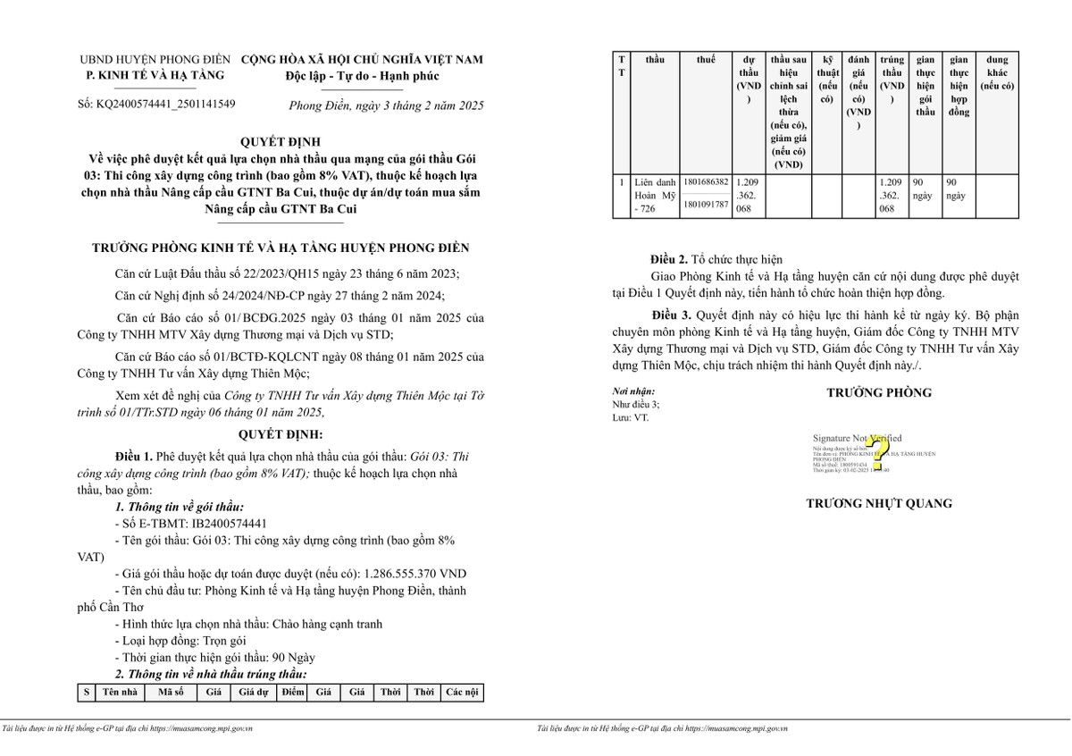 Cần Thơ: Liên danh Hoàn Mỹ - 726 trúng gói nâng cấp cầu GTNT Ba Cui Can Tho: Lien danh Hoan My - 726 trung goi nang cap cau GTNT Ba Cui