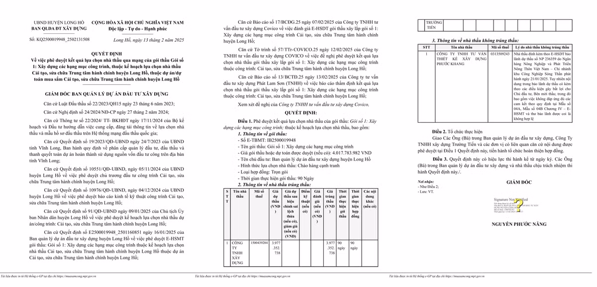 Vinh Long: Cty Truong Tien trung goi sua chua Trung tam hanh chinh huyen Long Ho