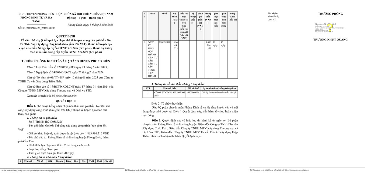 Cần Thơ: Gói thi công xây dựng đường GTNT Xẻo Sơn về tay Cty Hiệp Thành Can Tho: Goi thi cong xay dung duong GTNT Xeo Son ve tay Cty Hiep Thanh