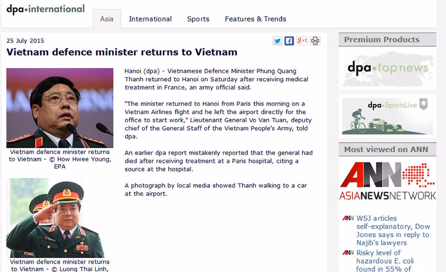 DPA chinh thuc thua nhan dua tin sai ve tuong Phung Quang Thanh