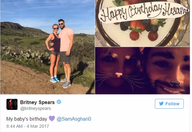 Tháng 3/2017, Briney Spears chia sẻ bức ảnh chụp chung giữa cô và Sam cùng chiếc bánh sinh nhật với dòng tựa: "Sinh nhật baby của tôi". Kể từ đó cả hai thường xuyên đăng ảnh chung lên mạng xã hội như một lời tuyên bố về quan hệ của mình. (Ảnh: Instagram)