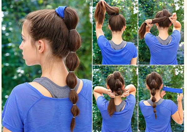 Bước 3, khi tạo “bong bóng” đầu tiên, bạn cố định tóc bằng một sợi thun cách gốc đuôi ngựa vài cm. Dùng tay kéo tóc ở giữa dây thun ra tạo bóng. Làm y hệt như thế với đoạn tóc dưới. Tùy vào độ dài của tóc mà áng chừng xem nên làm bao nhiêu đoạn đánh rối như vậy.