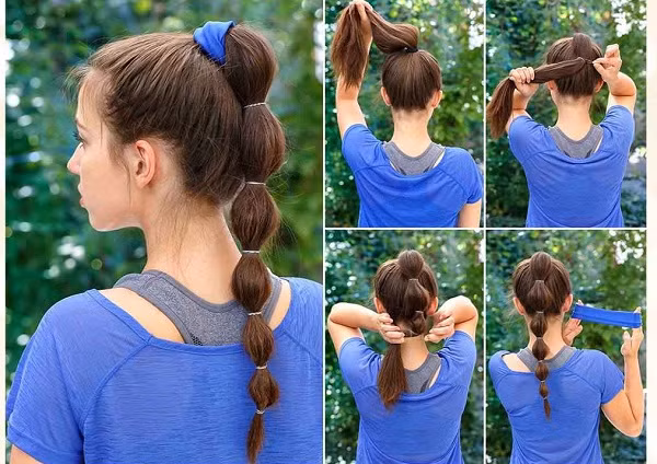 Bước 3, khi tạo “bong bóng” đầu tiên, bạn cố định tóc bằng một sợi thun cách gốc đuôi ngựa vài cm. Dùng tay kéo tóc ở giữa dây thun ra tạo bóng. Làm y hệt như thế với đoạn tóc dưới. Tùy vào độ dài của tóc mà áng chừng xem nên làm bao nhiêu đoạn đánh rối như vậy.