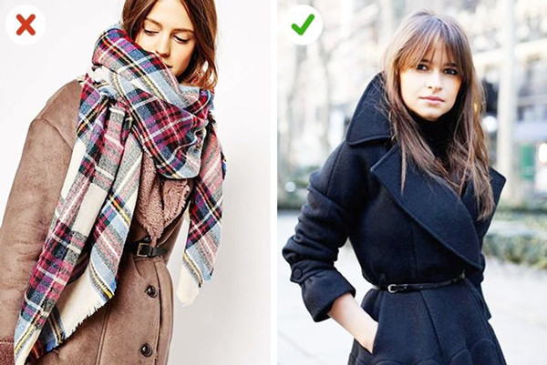 Không che cổ áo lớn dưới lớp khăn đồ sộ. Những chiếc cổ áo to bản là dụng ý của nhà thiết kế, muốn người mặc nổi bật hơn. Việc phối phụ kiện là lớp khăn đồ sộ khiến bạn trở nên lạc điệu. Thay vào đó, phụ nữ nên chọn áo cổ lọ để mặc bên trong vừa giữ ấm, vừa tạo diện mạo cuốn hút.