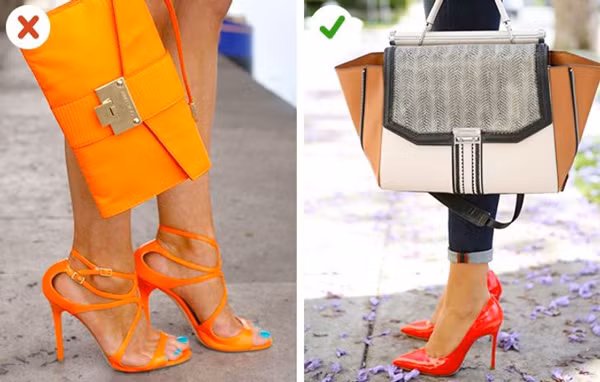Bỏ quy tắc phối đồ theo màu cứng nhắc. Nhiều bạn nữ dập khuôn khi phối đồ ton sur ton với phụ kiện. Tuy nhiên nếu kết hợp đôi giày màu sáng với túi xách tông màu tương phản thì hiệu ứng còn tốt hơn nhiều.