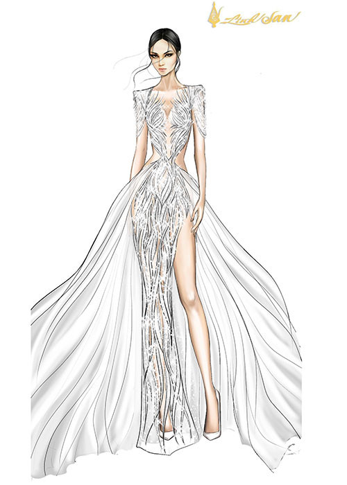 Một chiếc váy dạ hội dành cho Ngọc Thảo được lấy ý tưởng từ chim bồ câu trắng.