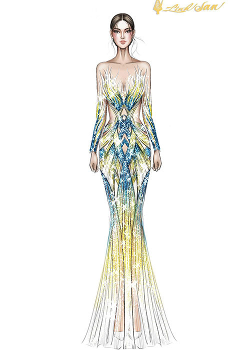 Một trong số 8 bản phác thảo trang phục dạ hội của Ngọc Thảo.