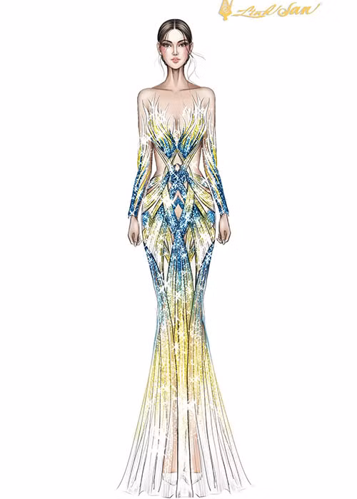 Một trong số 8 bản phác thảo trang phục dạ hội của Ngọc Thảo.