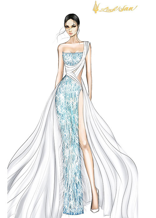 Bám sát tiêu chí của cuộc thi, NTK Linh San đã chọn lựa các tông màu trắng - vàng - xanh để phác thảo lên những bộ trang phục đa dạng.