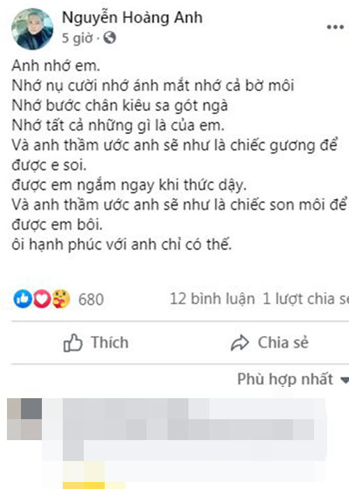Hoàng Anh đăng tải một phần lời bài hát "Không có gì thay thế em".