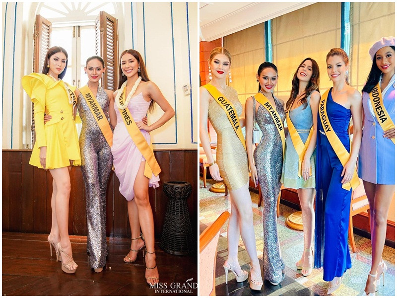 Đại diện Myanmar đọ sắc bên Á hậu Ngọc Thảo, các đại diện Indonesia, Paraguay, Guatemala. Dự kiến, các thí sinh của cuộc thi Hoa hậu Hòa bình Quốc tế sẽ trải qua vòng thi quốc phục vào tối nay (ngày 24/3).