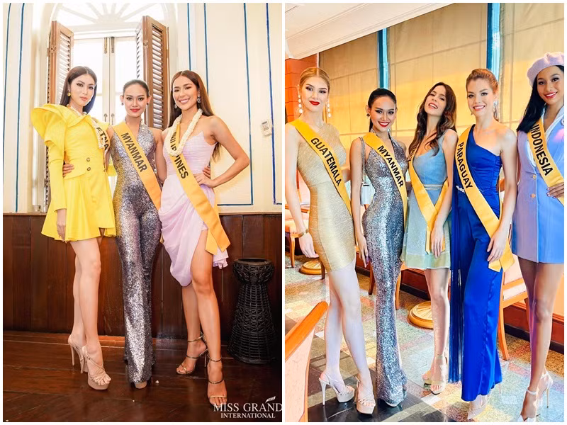 Đại diện Myanmar đọ sắc bên Á hậu Ngọc Thảo, các đại diện Indonesia, Paraguay, Guatemala. Dự kiến, các thí sinh của cuộc thi Hoa hậu Hòa bình Quốc tế sẽ trải qua vòng thi quốc phục vào tối nay (ngày 24/3).