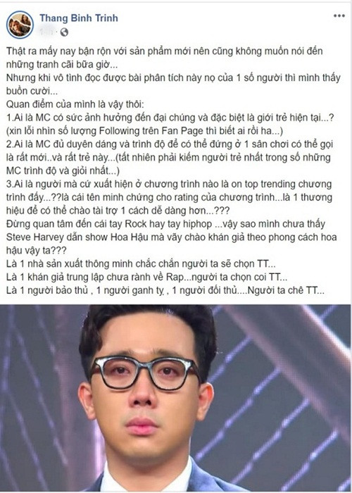 Chơi thân với Trấn Thành, Trịnh Thăng Bình cũng từng bảo vệ nam danh hài khi anh gặp phải những ý kiến trái chiều cho việc dẫn chương trình Rap Việt. Nam ca sĩ khẳng định Trấn Thành có sức ảnh hưởng, đủ trình độ, duyên dáng để làm MC Rap Việt.