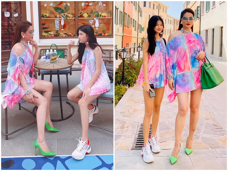 Bảo Tiên - con gái của Trương Ngọc Ánh mới 13 tuổi nhưng đã cao đến 1m62. Mới đây, Bảo Tiên và mẹ mặc đồng điệu. Cả hai cùng khoe đôi chân dài miên man. Đây không phải là lần đầu tiên Trương Ngọc Ánh và ái nữ mặc đồ đôi.
