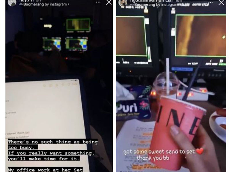 Không chỉ nấu ăn cho Ngô Thanh Vân, Huy Trần còn đến tận phim trường để thăm cô và tranh thủ làm việc trong lúc chờ đợi .