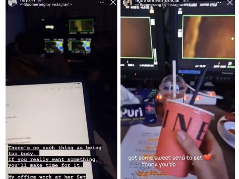 Không chỉ nấu ăn cho Ngô Thanh Vân, Huy Trần còn đến tận phim trường để thăm cô và tranh thủ làm việc trong lúc chờ đợi .