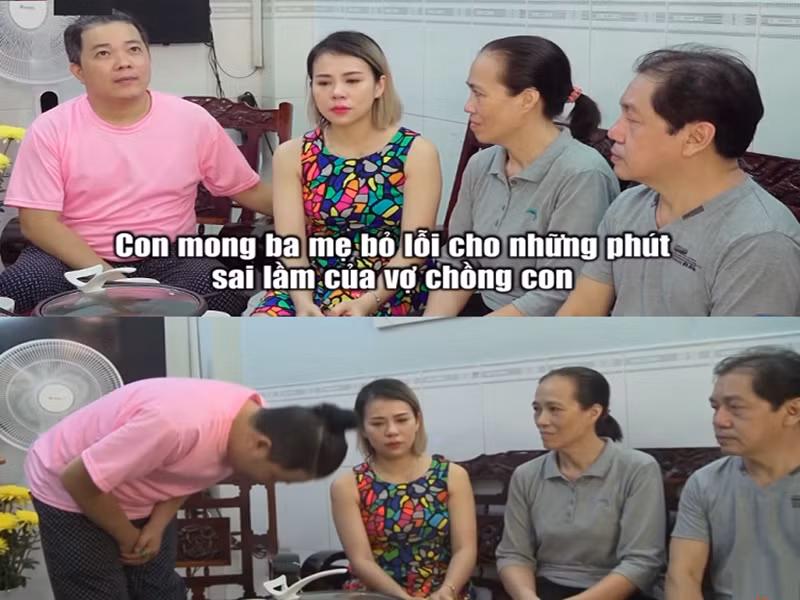 Hôn nhân của vợ chồng Hoàng Mèo từng đứng trên bờ vực đổ vỡ. Ngọc Trâm tâm sự, Hoàng Mèo đi làm về lại dành thời gian đi cafe với bạn bè thay vì chăm sóc vợ con. Vì sự vô tâm của chồng, Ngọc Trâm từng ẵm con nhỏ, bế bụng bầu 8 tháng bỏ đi. Ảnh: HTV