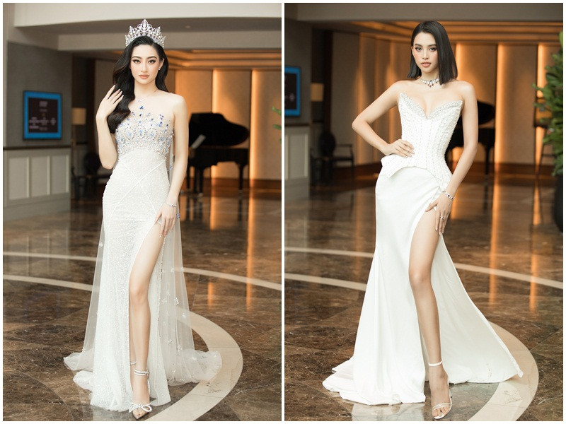 Sáng ngày 30/3, Hoa hậu Lương Thùy Linh và Hoa hậu Tiểu Vy (phải) hội ngộ tại buổi họp báo khởi động cuộc thi Miss World Vietnam 2021 - Hoa hậu Thế giới Việt Nam 2021. Cả hai đều chọn trang phục xẻ tà cao khoe đôi chân dài miên man.