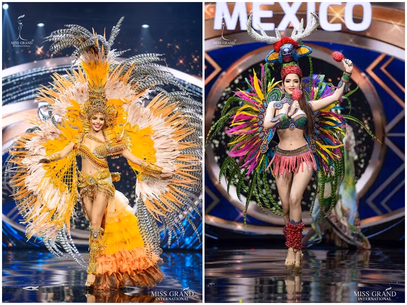 Ngoài bộ quốc phục của Ngọc Thảo, không ít thiết kế cũng gây ấn tượng. Trong ảnh, đại diện Mexico, Panama gợi cảm trong trang phục dân tộc sặc sỡ.