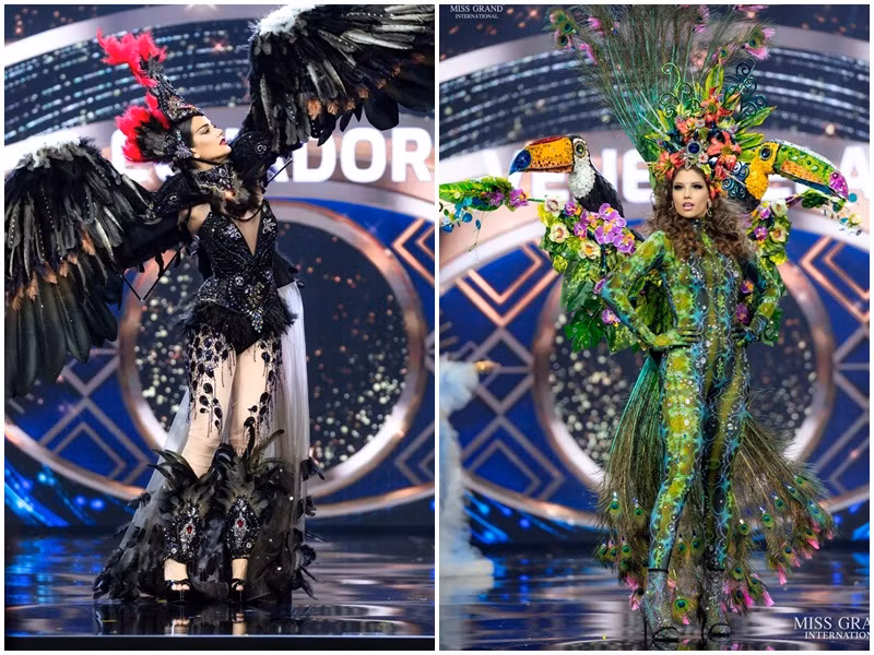 Trang phục dân tộc gây ấn tượng của 2 người đẹp đến từ Ecuador và Venezuela (phải).