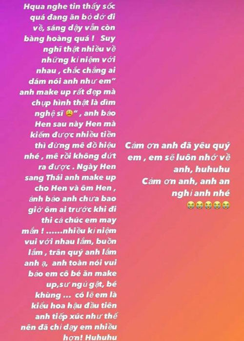 H’hen Niê bỏ ăn khi nghe tin chuyên gia trang điểm Minh Lộc qua đời. Cô còn nghẹn ngào kể lại những kỷ niệm khó quên về người anh quá cố.