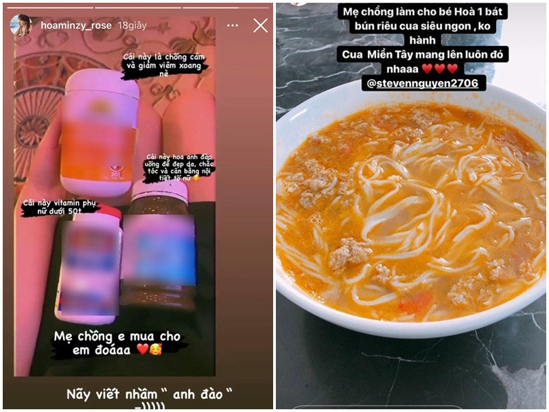 Mẹ chồng của Hòa Minzy cưng con dâu như trứng mỏng khi gửi tặng vitamin, thực phẩm chức năng, thậm chí từng nấu bún riêu cho con dâu ăn.