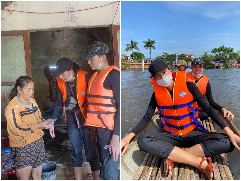 Minh Triệu và Kỳ Duyên bị lật thuyền khi đi trao quà. May mắn, nơi thuyền bị lật là khu nhà người dân, nước ngập lên nhưng cả hai vẫn đứng được.