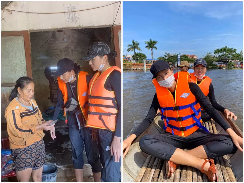 Minh Triệu và Kỳ Duyên bị lật thuyền khi đi trao quà. May mắn, nơi thuyền bị lật là khu nhà người dân, nước ngập lên nhưng cả hai vẫn đứng được.