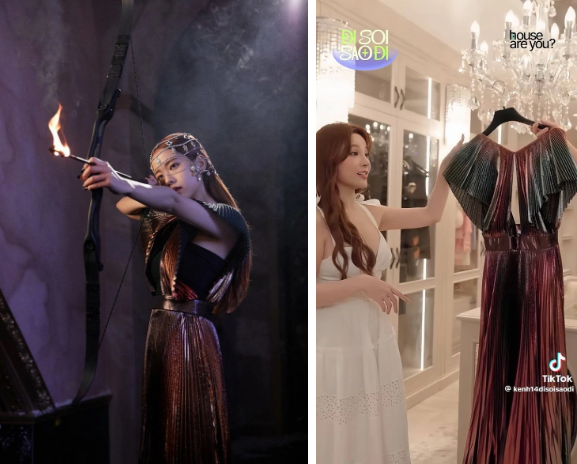 Sau đấy thì trong một MV mới ra của BLACKPINK, Jisoo cũng diện chính chiếc đầm thiết kế này. Huyền Baby cũng vui vẻ với sự đụng hàng này vì BLACKPINK là idol của cô.