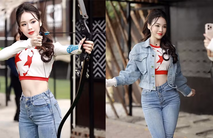 Những hình ảnh nàng hot girl hàng không diện áo bóng đá, quần jean đi bắn cung thu hút nhiều sự quan tâm.
