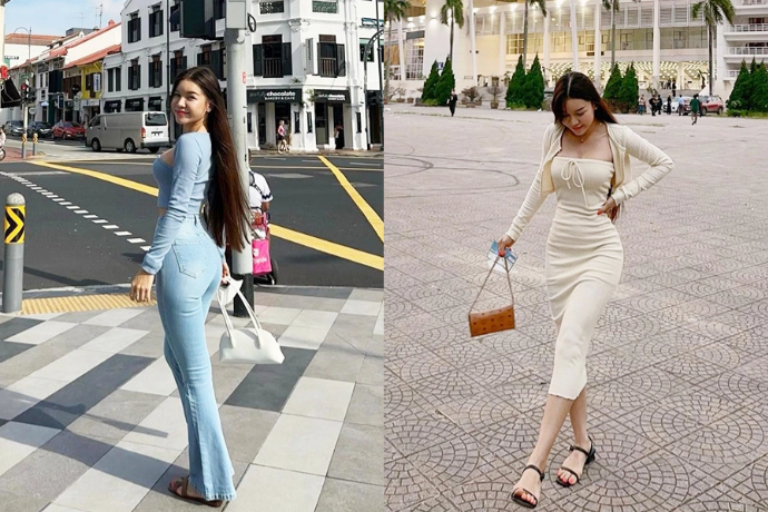 Yến Xuân thích phong cách đơn giản. Cô có một số món đồ thông dụng với phái đẹp như quần jeans, váy thun, dép sandals dáng bệt. Trang phục Yến Xuân lựa chọn ôm sát cơ thể, tôn đường cong. Ảnh: FBNV, IGNV