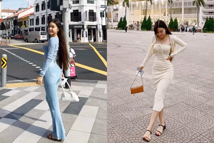 Yến Xuân thích phong cách đơn giản. Cô có một số món đồ thông dụng với phái đẹp như quần jeans, váy thun, dép sandals dáng bệt. Trang phục Yến Xuân lựa chọn ôm sát cơ thể, tôn đường cong. Ảnh: FBNV, IGNV